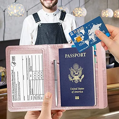 ACdream Passport and Vaccine Card Holder Combo, Cover Case with CDC Vaccination Card Slot, Leather Travel Documents Organizer Protector, with RFID Blocking, for Women and Men, Rose Gold