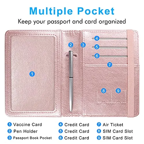 ACdream Passport and Vaccine Card Holder Combo, Cover Case with CDC Vaccination Card Slot, Leather Travel Documents Organizer Protector, with RFID Blocking, for Women and Men, Rose Gold