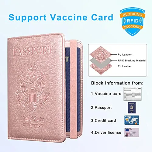 ACdream Passport and Vaccine Card Holder Combo, Cover Case with CDC Vaccination Card Slot, Leather Travel Documents Organizer Protector, with RFID Blocking, for Women and Men, Rose Gold