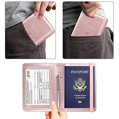 ACdream Passport and Vaccine Card Holder Combo, Cover Case with CDC Vaccination Card Slot, Leather Travel Documents Organizer Protector, with RFID Blocking, for Women and Men, Rose Gold
