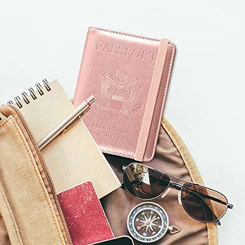 ACdream Passport and Vaccine Card Holder Combo, Cover Case with CDC Vaccination Card Slot, Leather Travel Documents Organizer Protector, with RFID Blocking, for Women and Men, Rose Gold