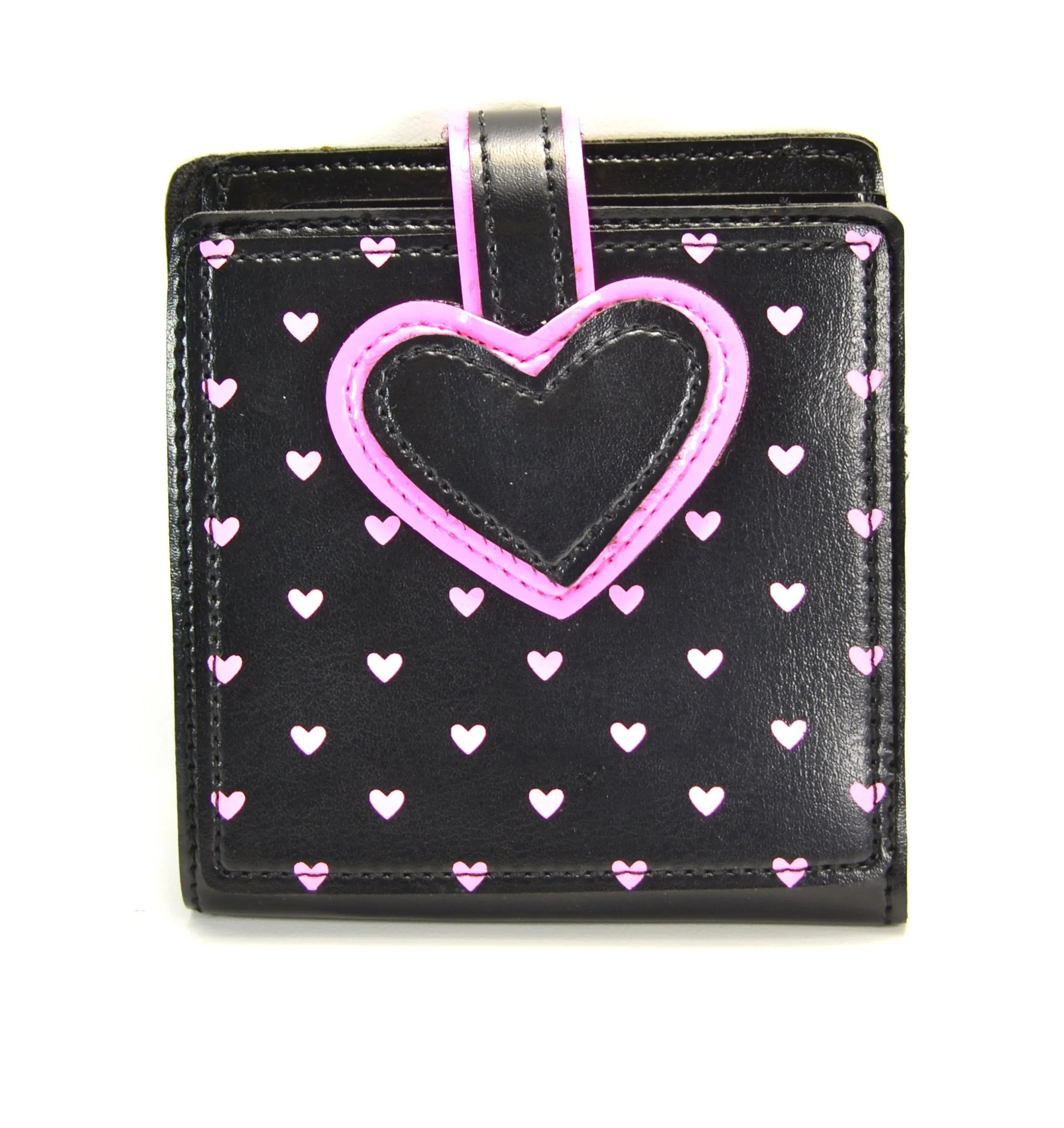 Black Wallet With Pink Heart Print &Amp; Black Heart Patch
