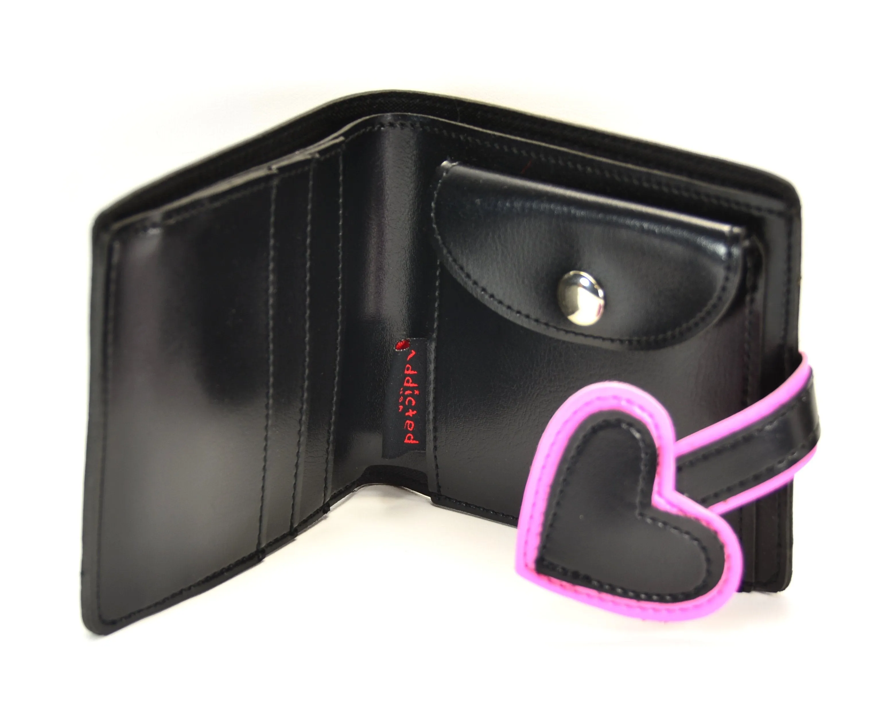 Black Wallet With Pink Heart Print &Amp; Black Heart Patch