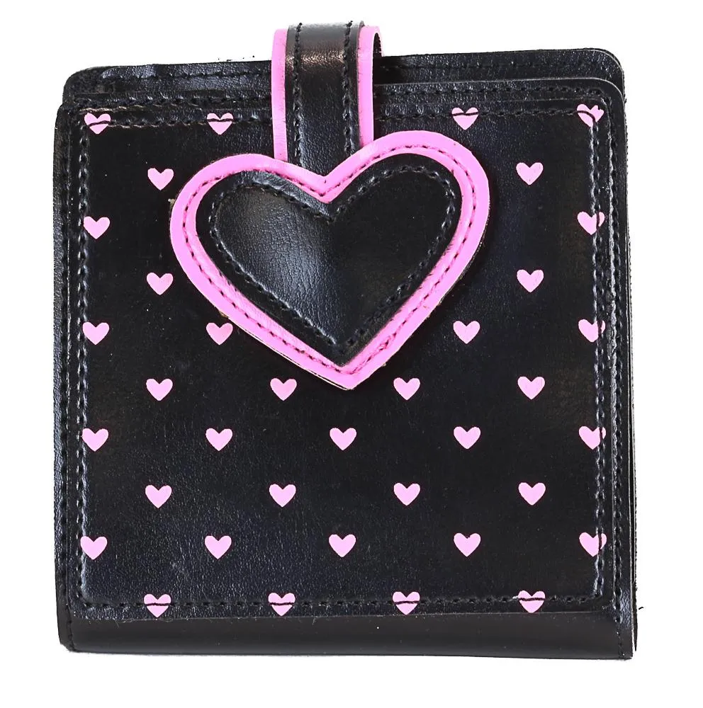 Black Wallet With Pink Heart Print &Amp; Black Heart Patch