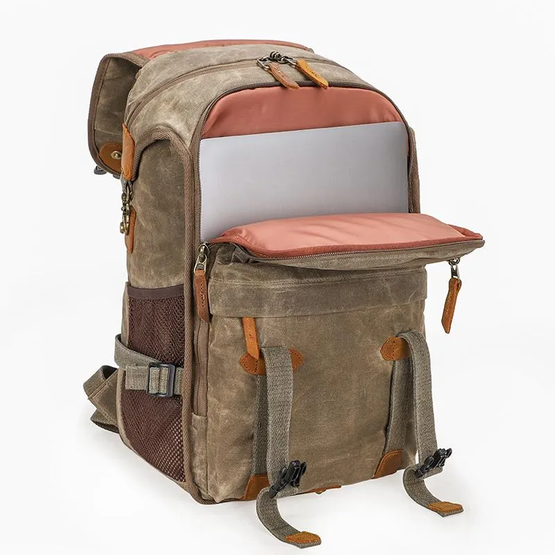 Brown CANVAS WATERPROOF MENS 15'' CANON CAMERA BACKPACK LARGE NIKON CAMERA BAG DSLR CAMERA BAG FOR MEN