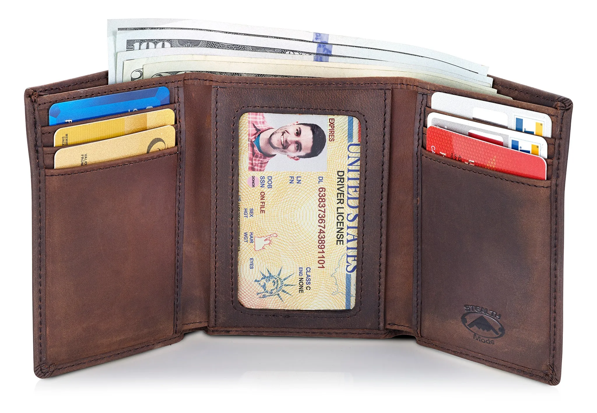 Brown Trifold Leather Wallet With RFID Blocking and ID Window