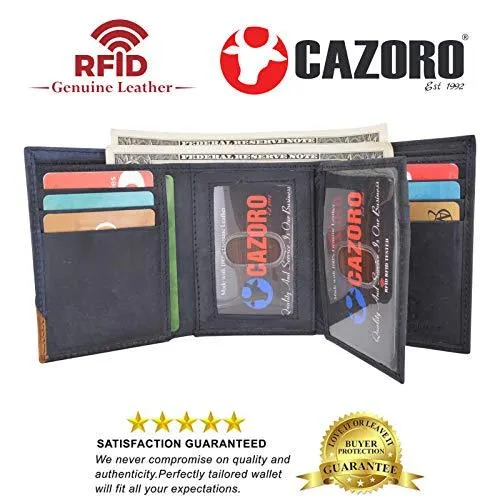 Leather Trifold RFID Blocking Wallet For Men With Flip Out ID Holder by Cazoro RFID611296