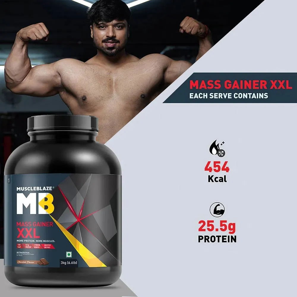 MuscleBlaze Mass Gainer XXL with Complex Carbs and Proteins in 3:1 ratio, 3 kg (6.6 lb), Chocolate