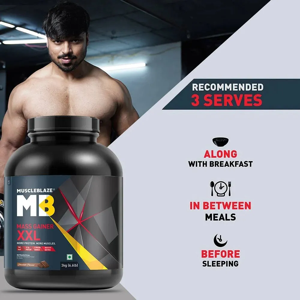 MuscleBlaze Mass Gainer XXL with Complex Carbs and Proteins in 3:1 ratio, 3 kg (6.6 lb), Chocolate