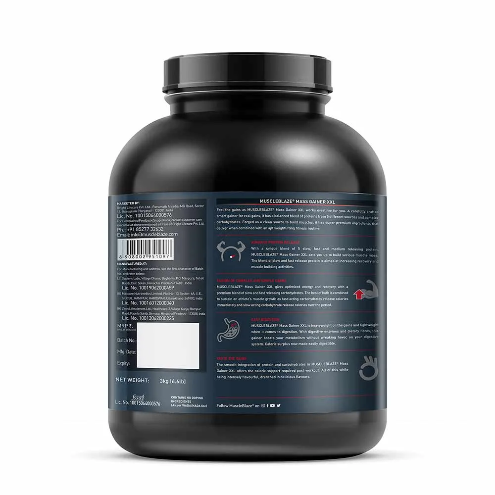 MuscleBlaze Mass Gainer XXL with Complex Carbs and Proteins in 3:1 ratio, 3 kg (6.6 lb), Chocolate