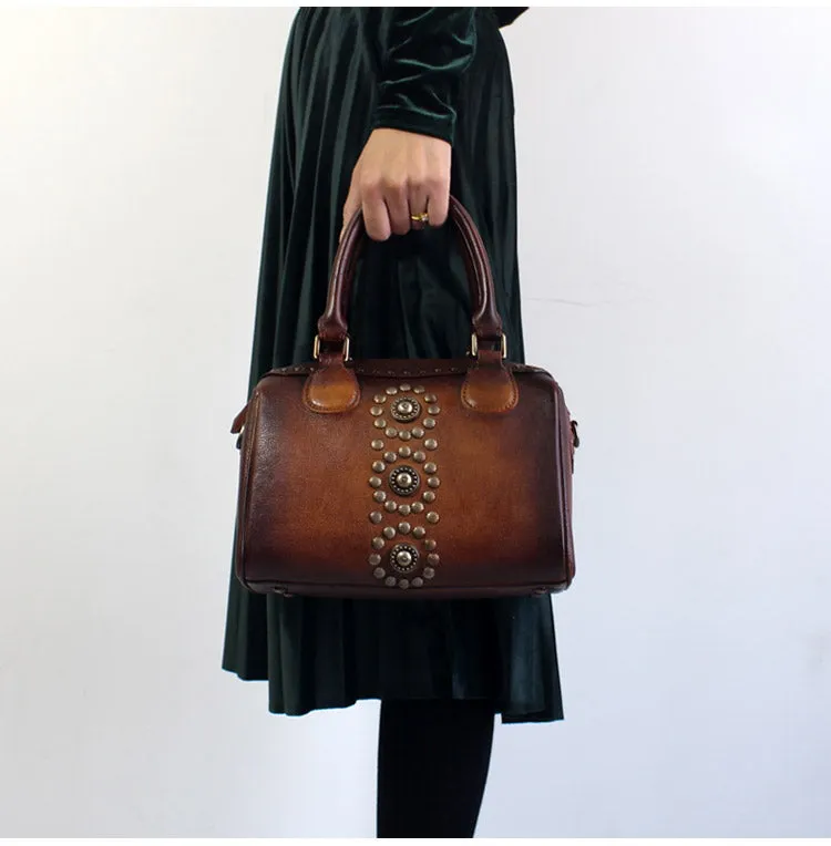 Rivets Womens Designer Handbags Brown Leather Shoulder Bag for Women