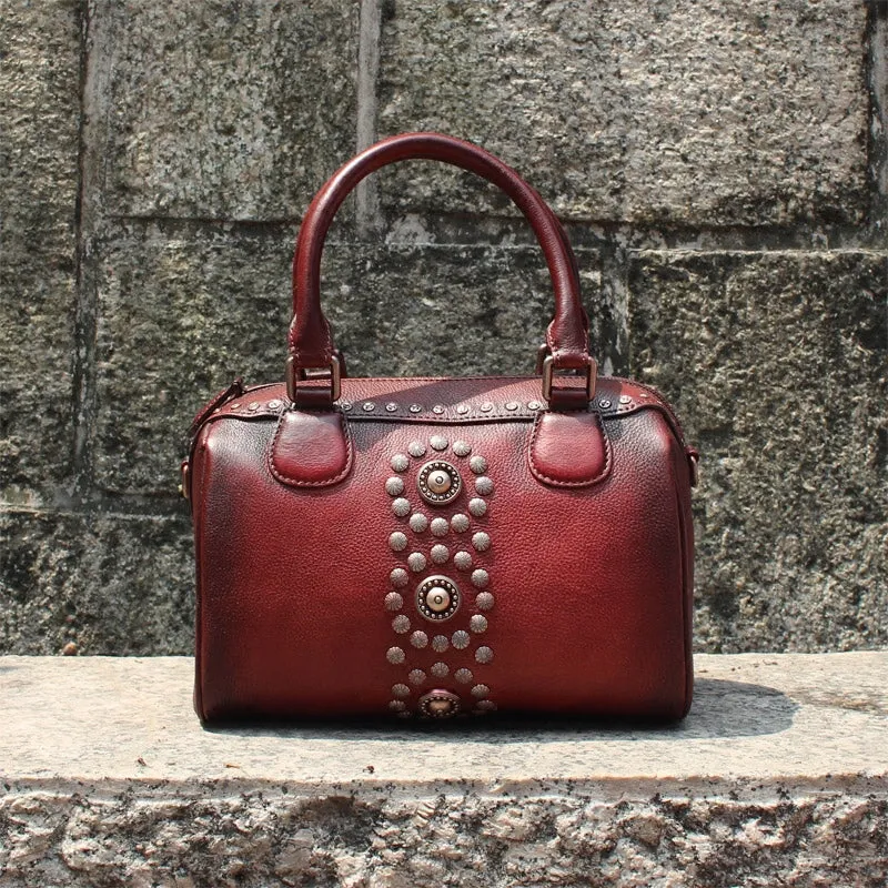 Rivets Womens Designer Handbags Brown Leather Shoulder Bag for Women
