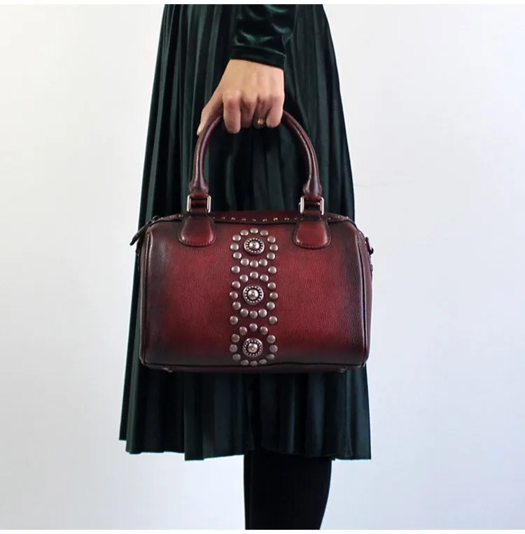 Rivets Womens Designer Handbags Brown Leather Shoulder Bag for Women