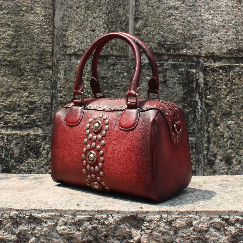 Rivets Womens Designer Handbags Brown Leather Shoulder Bag for Women