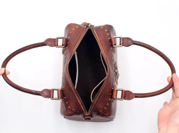 Rivets Womens Designer Handbags Brown Leather Shoulder Bag for Women
