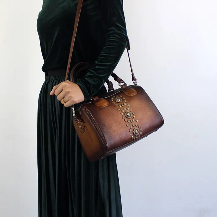 Rivets Womens Designer Handbags Brown Leather Shoulder Bag for Women