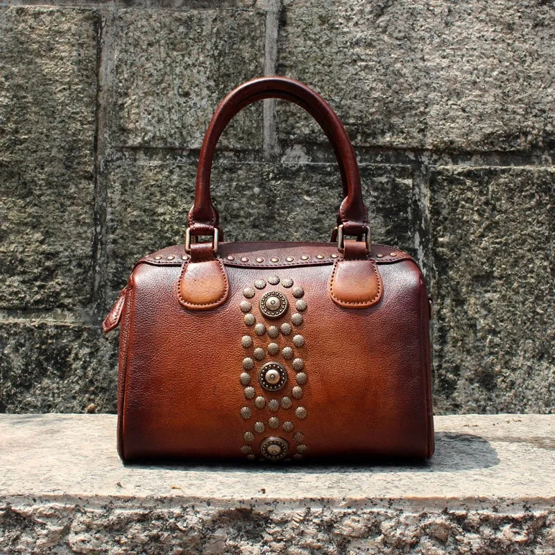 Rivets Womens Designer Handbags Brown Leather Shoulder Bag for Women