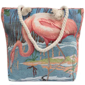 Rope Handle Bag - Pink Flamingo | Beach Tote Bag | Stylish Vintage Blue and Beige Colors