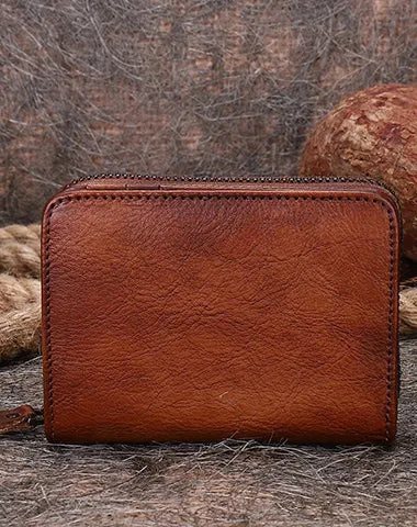 Small Red Leather Bifold Wallet Vintage Billfold Cute Women Zip Wallet For Ladies