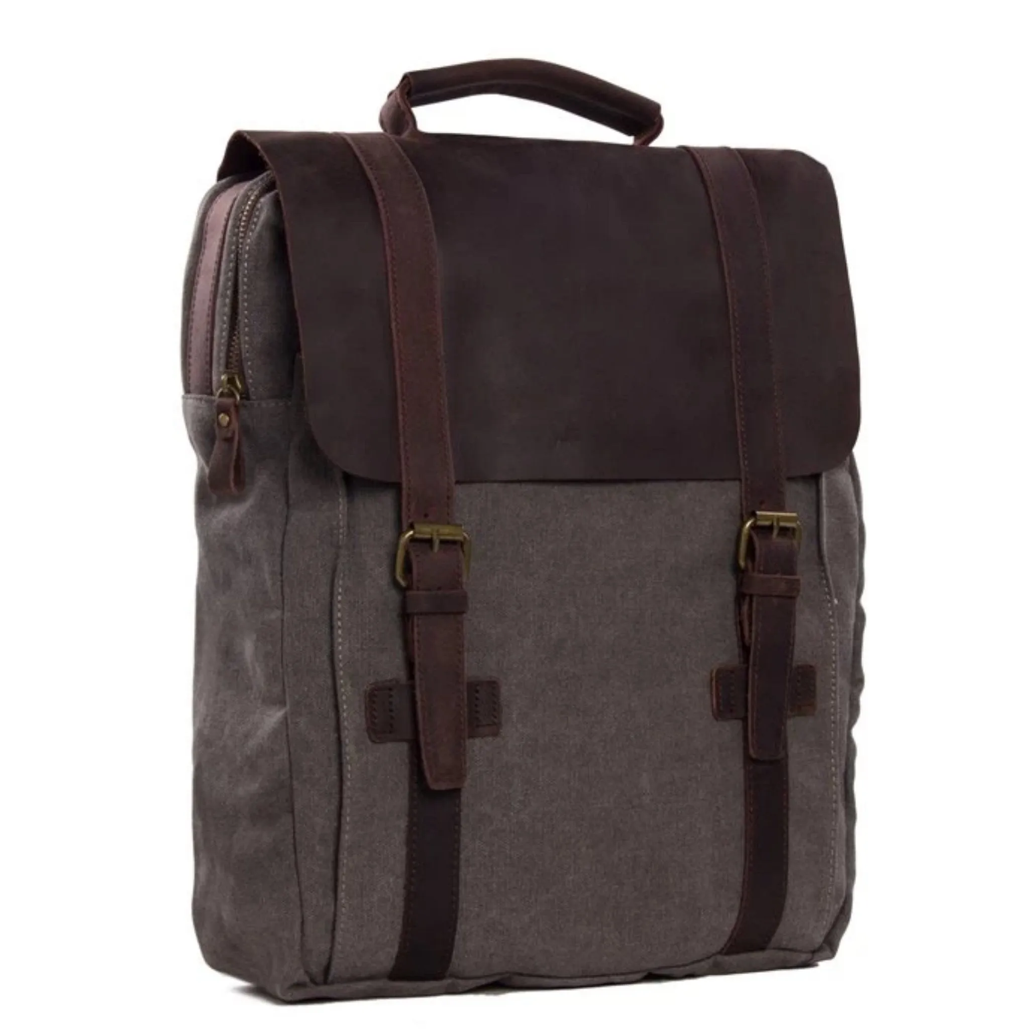 Waxed Canvas and Leather Double strap Backpack - Dark Grey