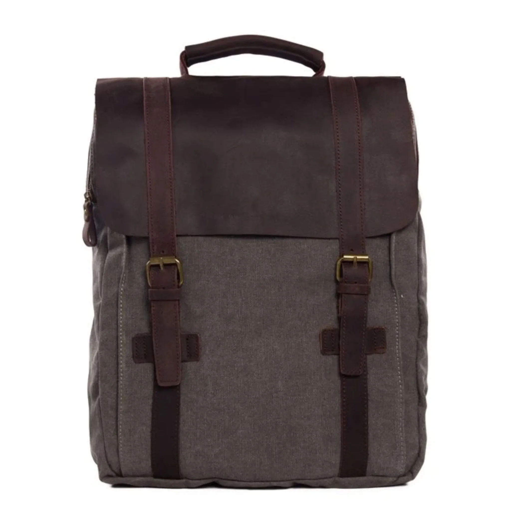 Waxed Canvas and Leather Double strap Backpack - Dark Grey