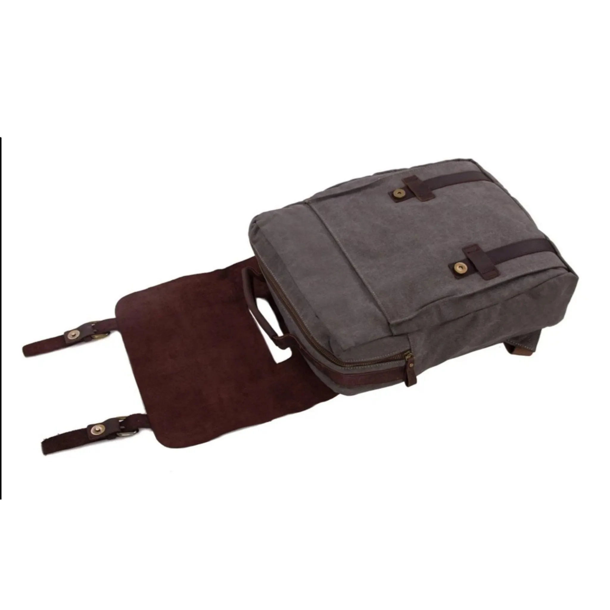 Waxed Canvas and Leather Double strap Backpack - Dark Grey